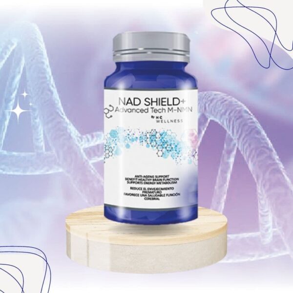 Cápsulas de NAD SHIELD para energía celular y salud antioxidante.